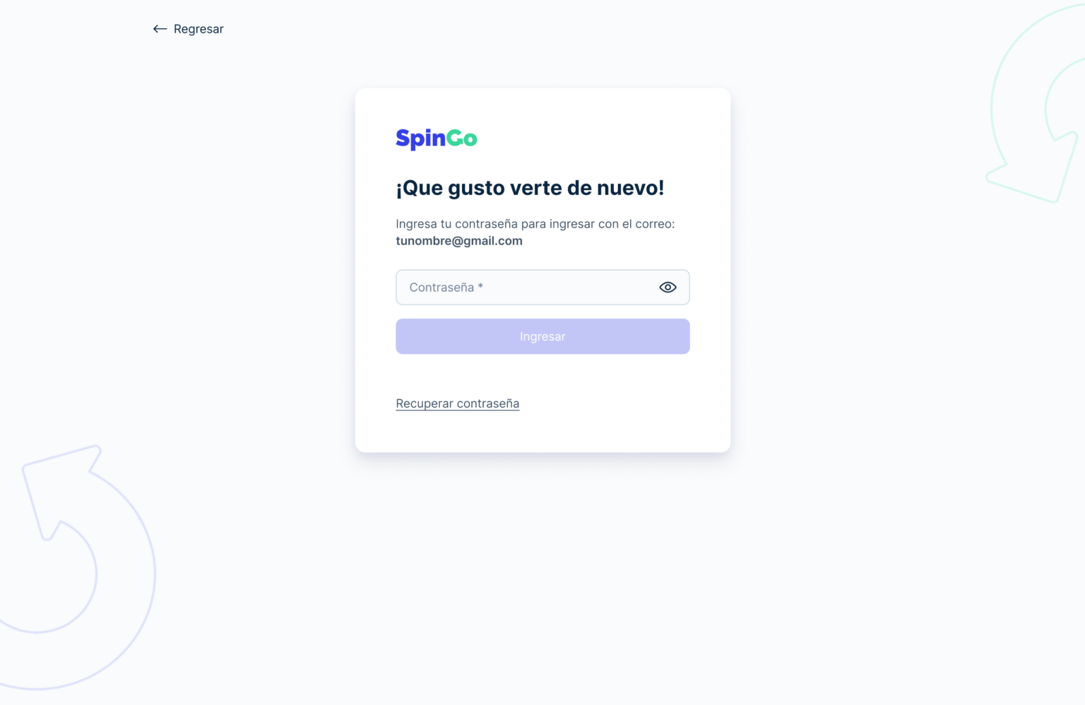 Password entry. Returning user. Spingo