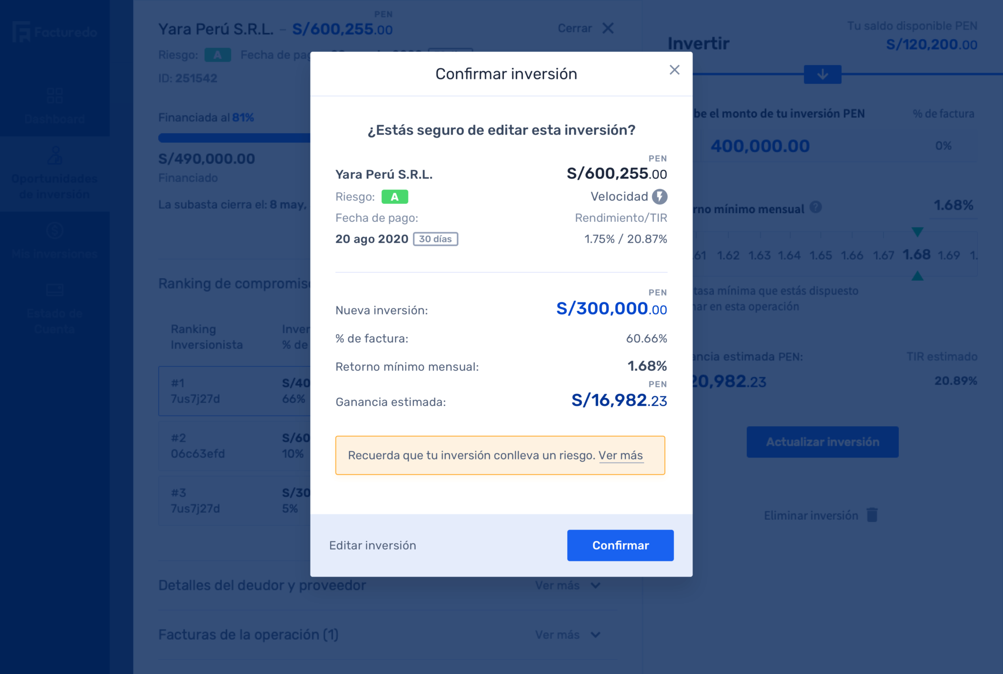 Investment opportunities. Investment confirmation. Modal