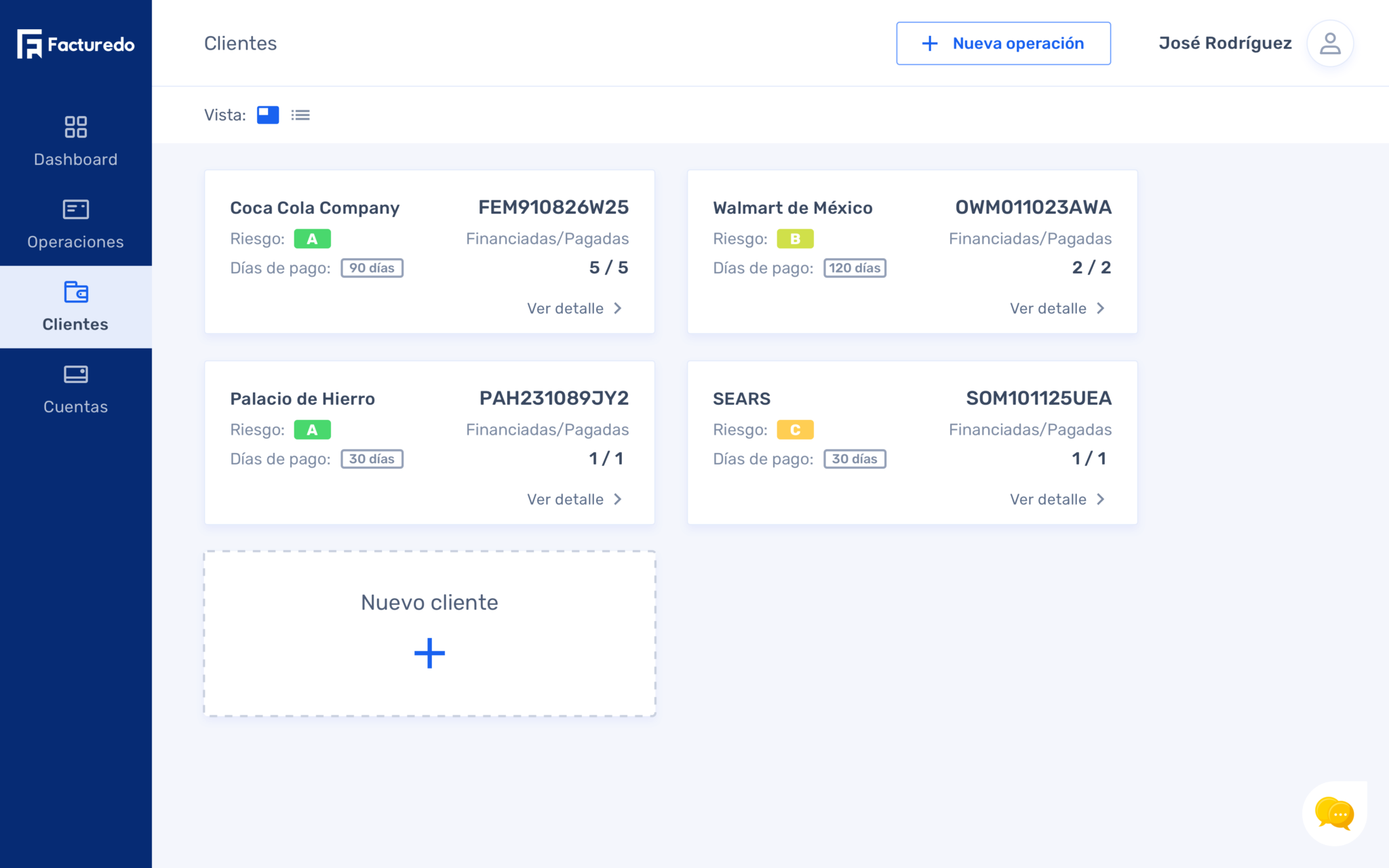 Clients page using cards view