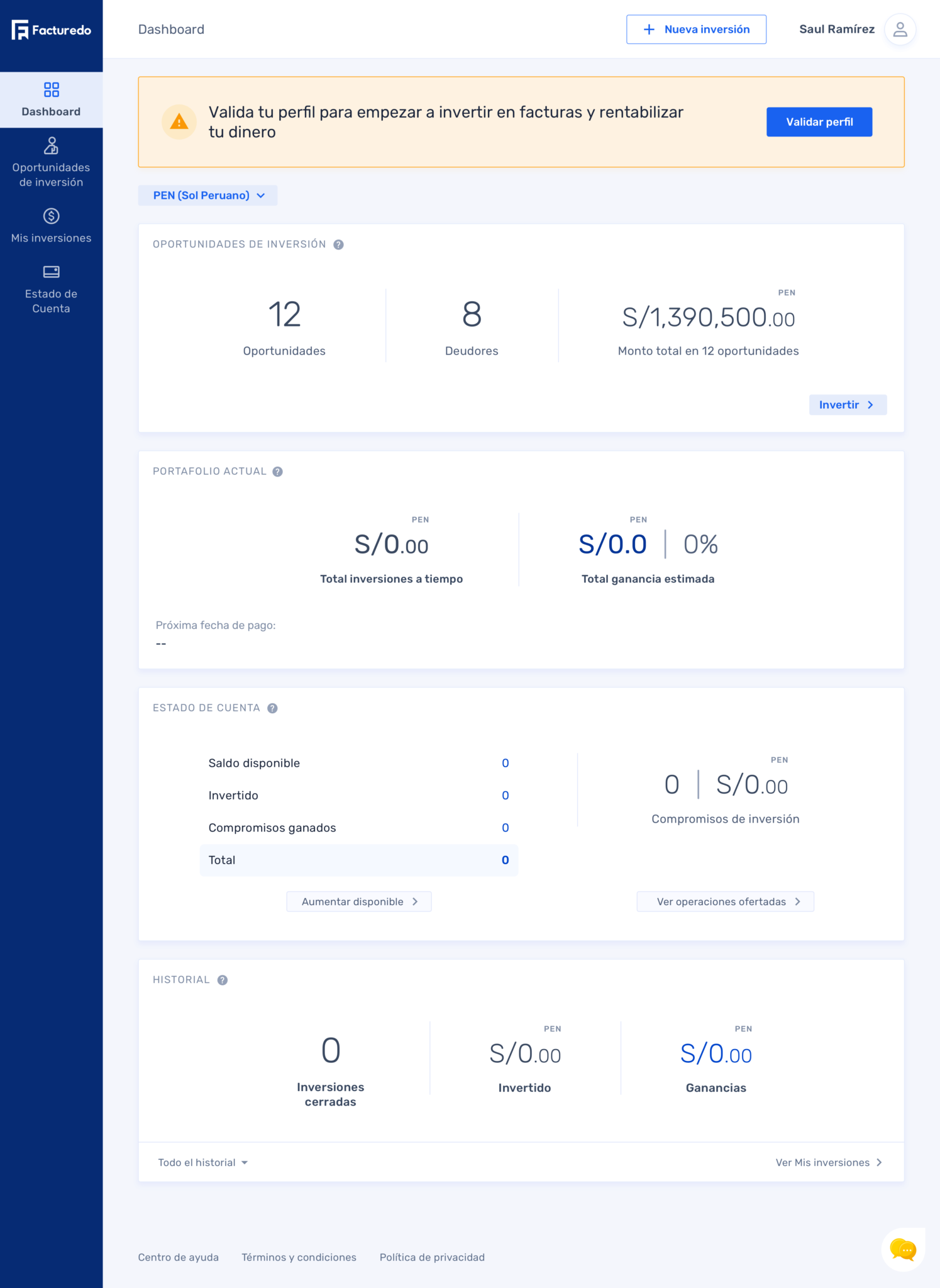 Investor dashboard. Validate profile to continue