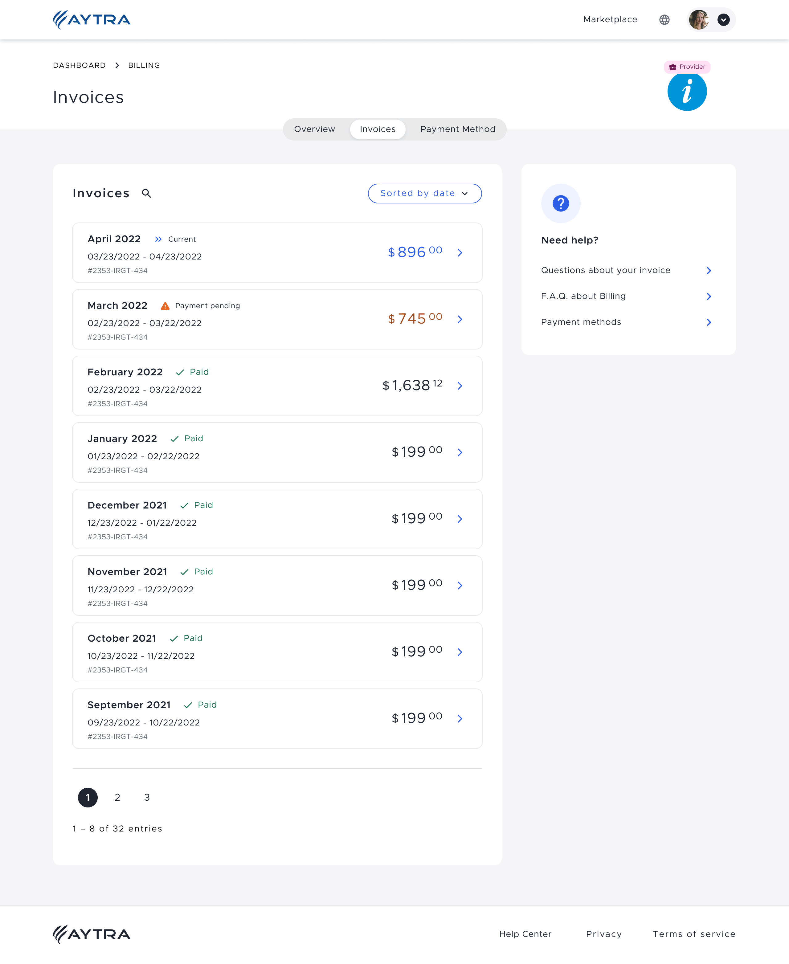 Aytra Zero. Billing Section: Invoices Category Page