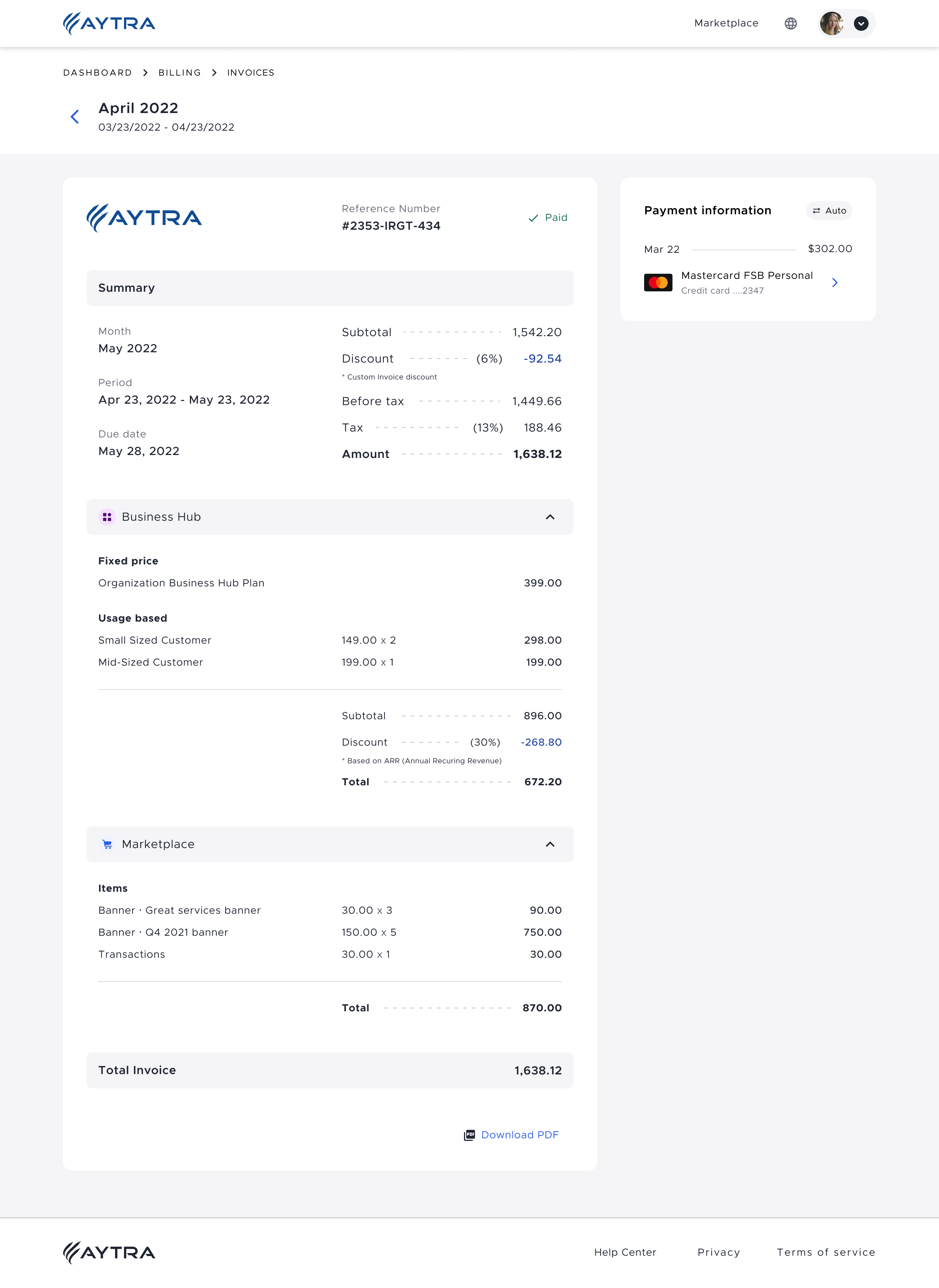 Aytra Zero. Billing Section: Invoices Single Page