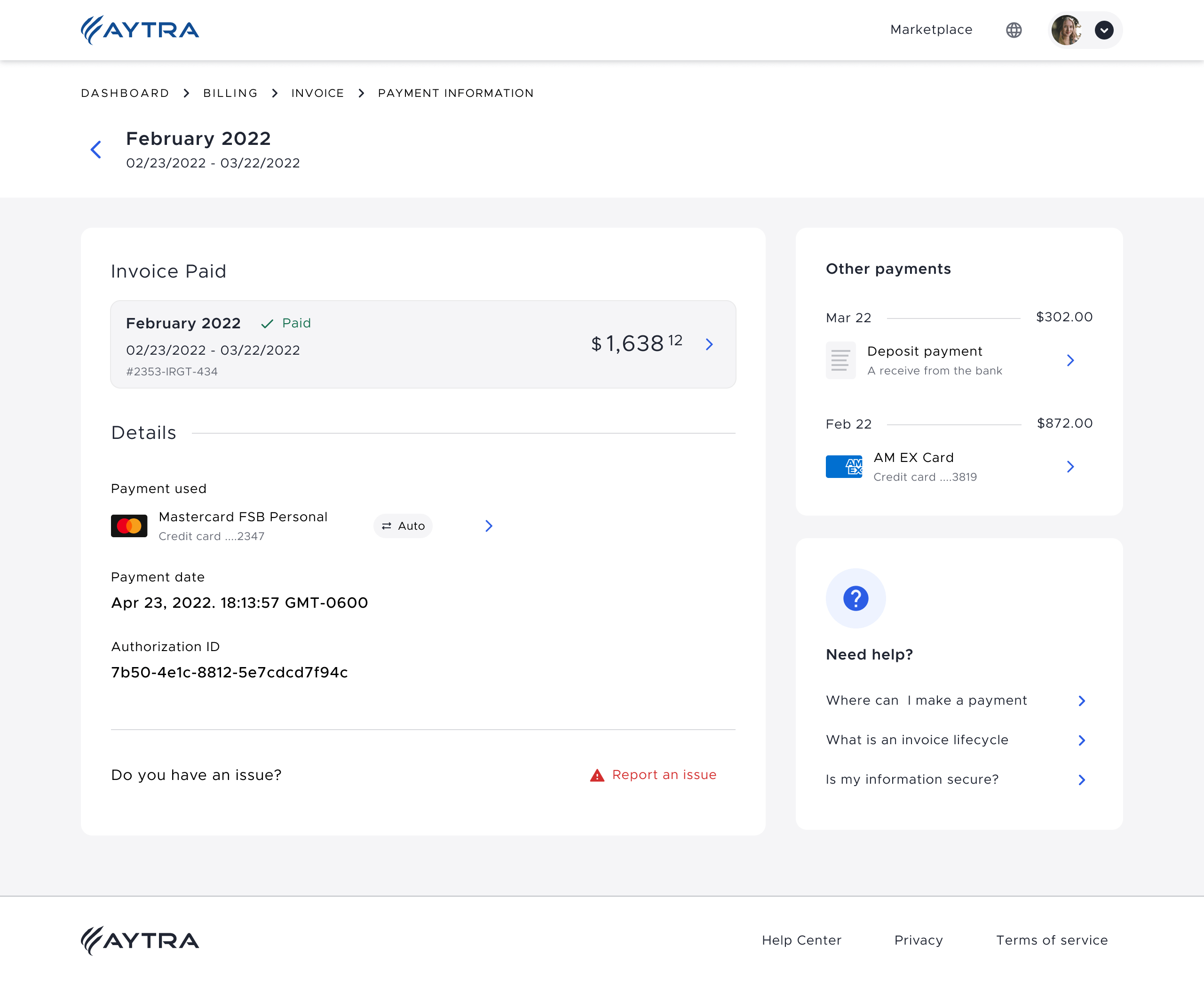Aytra Zero. Billing Section: Payment Page