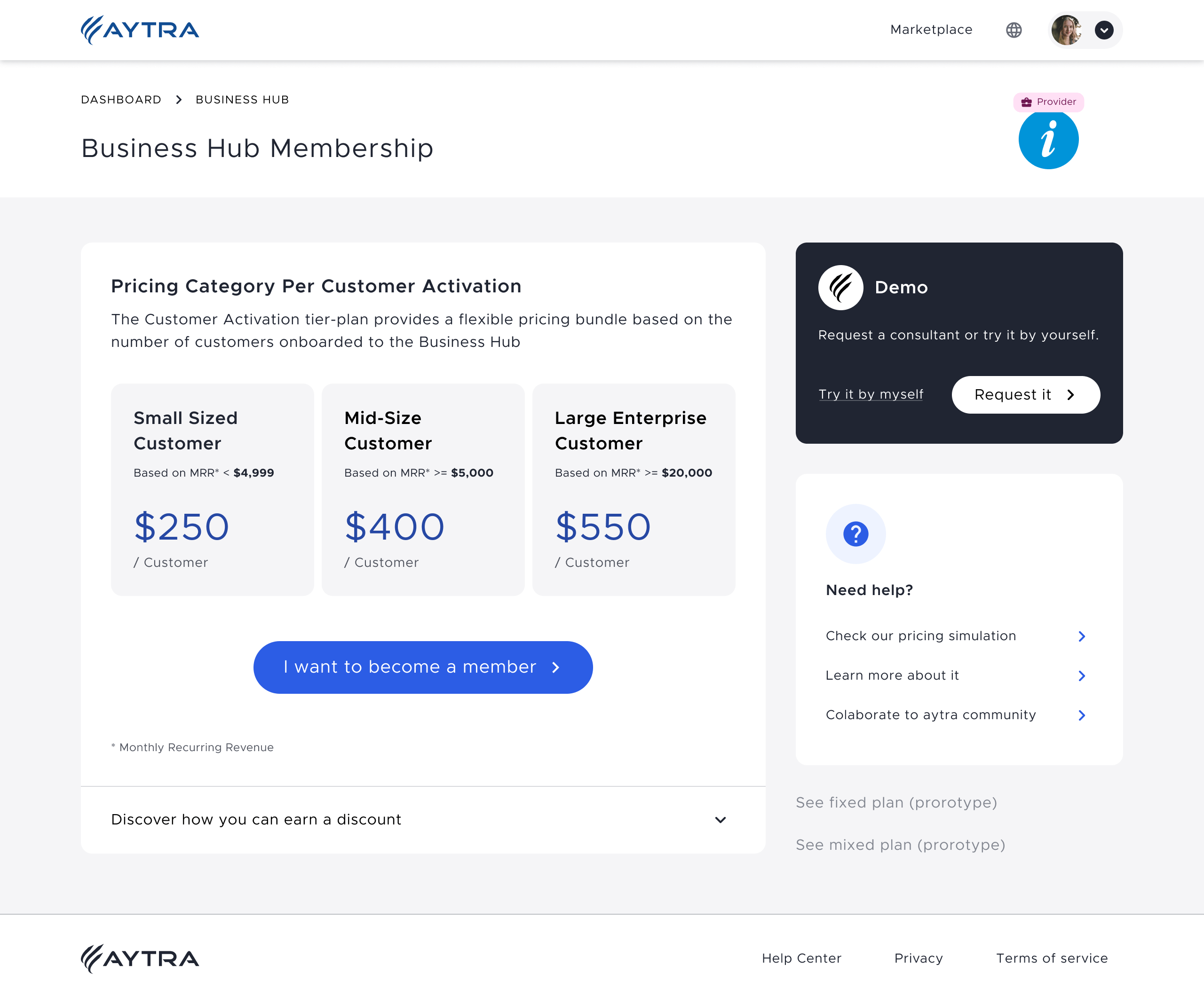 Aytra Zero. Business Hub: Usage Based Plans