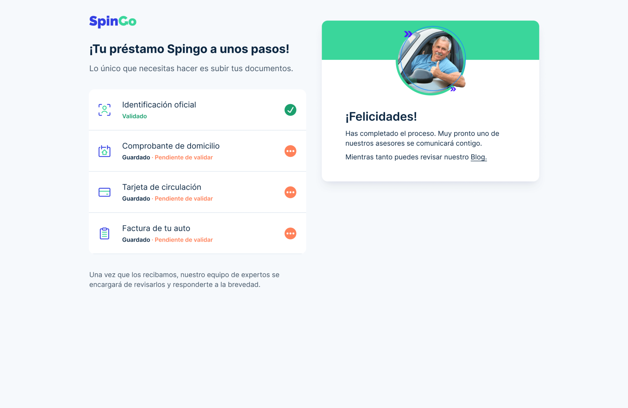 Onboarding Finished. Users have the capability to review each step and the documents they have submitted seamlessly without having to exit the process.