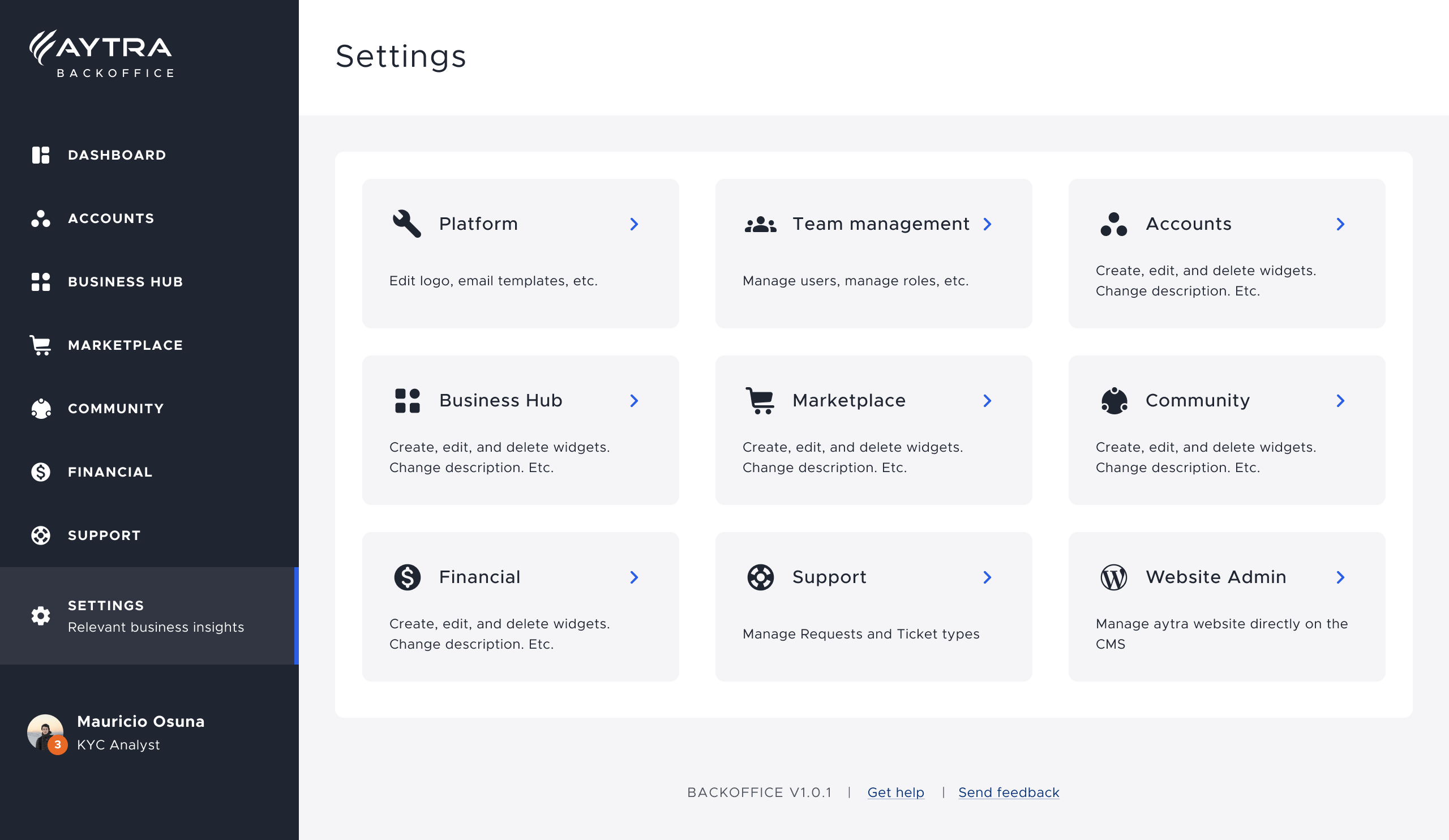Aytra Zero Backoffice. Settings Page