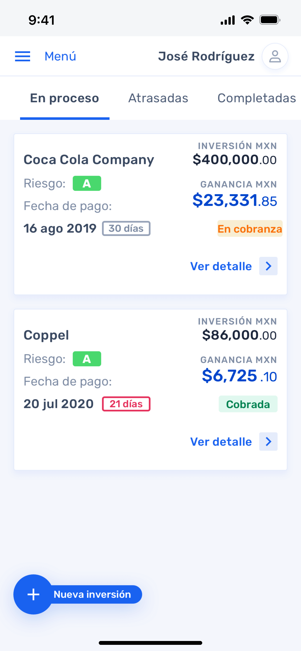 Investments mobile version. Investments in process