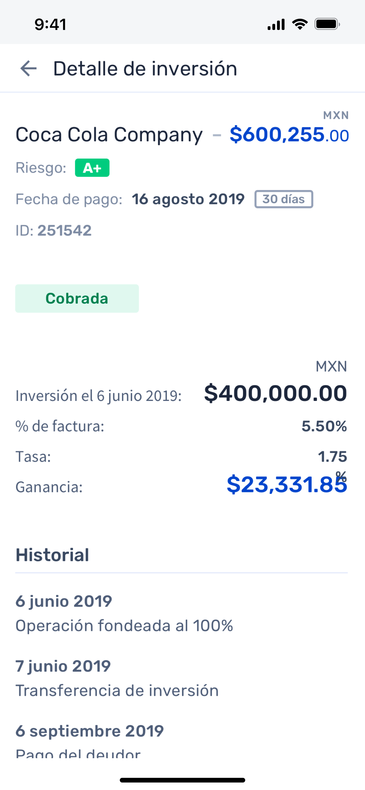 Investments mobile version. Investment detail and returns