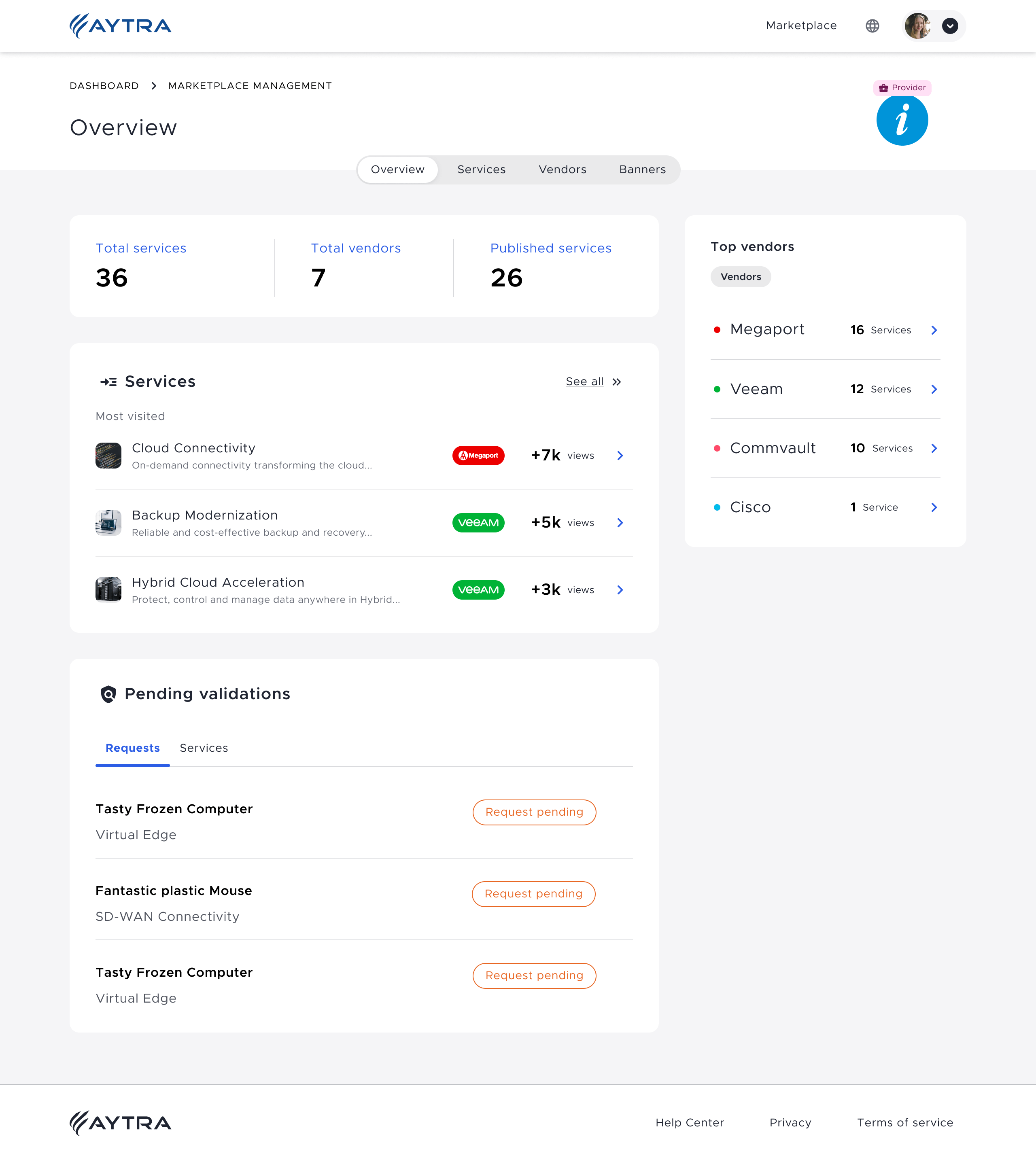 Aytra Zero. Provider Marketplace Management: Overview Page