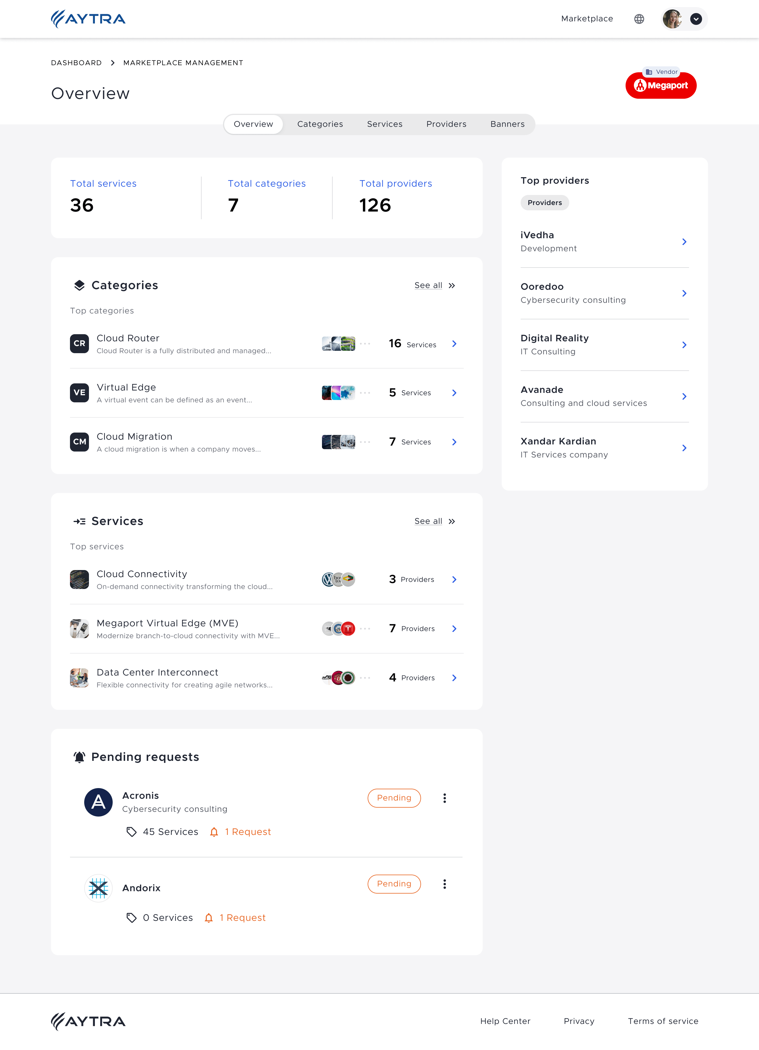 Aytra Zero. Vendor Marketplace Management: Overview Page